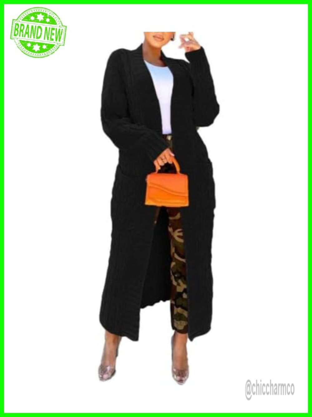 Women's Cable Knit Open Front Long Cardigan with Pockets Chunky Knitwear